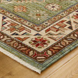 Persian Bordered Geometric Easy to Clean Green Traditional Rug for Living Room Bedroom & Dining Room-80cm X 150cm