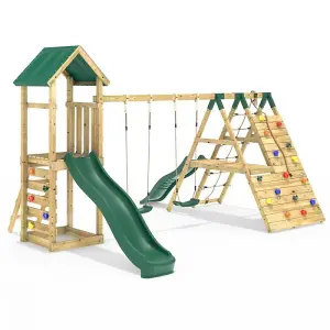 Rebo Wooden Climbing Frame with Swings, 6+8FT Slides & Climbing Wall - Hayes