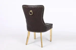 A Pair of Leather Aire Dining Chairs with Golden Legs, Studs & Knocker in Brown