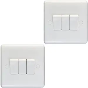 2 PACK 3 Gang Triple 10A Light Switch 2 Way - WHITE PLASTIC Wall Plate Rocker