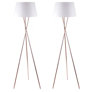 First Choice Lighting Pair Copper Tripod Floor Lamp with White Fabric Shade