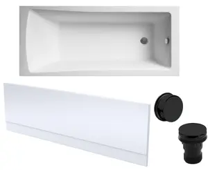 Square Single Ended Bath, Front Panel and Black Waste - 1700 x 700mm