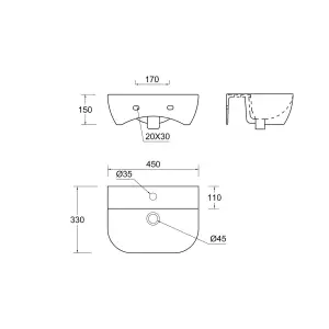 Durleigh White Rectangular Wall-mounted Cloakroom Basin with Matt Black Bottle Trap (W)45cm