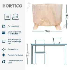 HORTICO™ Indoor Plant Pot on Feet, (Dia) 28cm GROWER Round Wooden Planter for House Plants with Waterproof Liner D28 H21 cm, 6.8L