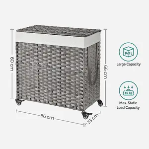 SONGMICS Laundry Hamper, 3-Compartment Rattan-Style Washing Basket, Handwoven, Removable Liner, Handles, Lid, Grey