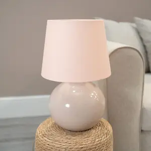 ValueLights Bosco Stone Natural Ceramic Table Lamp with Pink Tapered Shade - LED Bulb Included