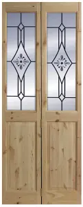 Vertical 2 panel 2 Lite Decorative Glazed Victorian Unfinished Natural Knotty pine Internal Folding Bi-fold Door set, (H)2005mm (W)715mm