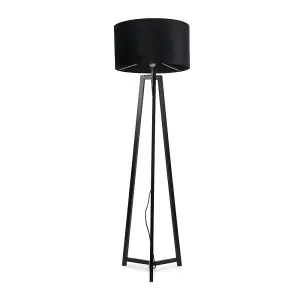 ValueLights Lottie Black Wood Tripod Floor Lamp with Black Velvet Drum Shade