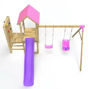 Rebo Wooden Climbing Frame with Vertical Rock Wall, Swing Set and Slide - Rainier+ Pink