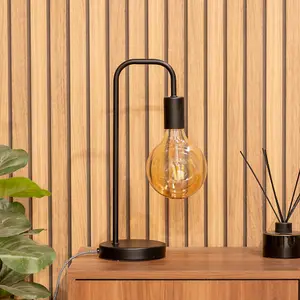 ValueLights Bronx Pair of Industrial Style Black Metal Curved Stem Bedside Table Lamps Living Room Bedroom Light - Bulbs Included