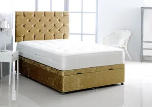 2FT6 Small Single Gold Crush Velvet Foot Lift Ottoman Bed With Headboard & Mattress