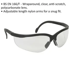 Wraparound Safety Spectacles - Clear Anti Scratch Lens - Adjustable Length Arms