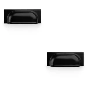 2 PACK - Backplate Cup Handle - Matt Black 96mm Centres Solid Brass Shaker Drawer Pull