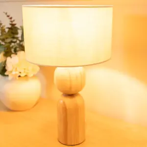 ValueLights Azalea Rustic Wooden Bedside Table Lamp with a Natural Drum Lampshade