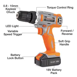 Terratek Cordless Drill & Drill Bit Set 18V Battery & Charger and Case Included