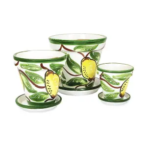 Lemons Hand Painted Set of 3 Classic Plant Pots & Drainage Plates (D) 16-29cm