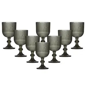 Set of 8 Vintage Luxury Grey Ribbed Drinking Wine Glass Wine Goblets 360ml