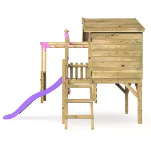 Rebo Orchard 4ft Wooden Children's Playhouse, Swings, Monkey Bars, Deck & 6ft Slide - Double Swing - Venus Purple