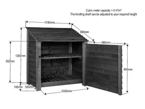 Wooden log store with door and kindling shelf W-119cm, H-126cm, D-88cm - natural (light green) finish