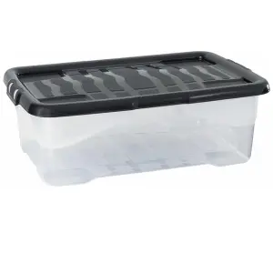 3 x Stackable & Strong Durable 30 Litre Curve Plastic Storage Boxes With Black Lids For Home & Office