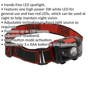 3W LED Head Torch Spotlight - Adjustable Headband - White LED & 2 x Red LEDs