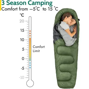 Trail Kids Sleeping Bag Mummy Hooded 3 Season Soft Warm 2 Way Zip Khaki Boys Girls