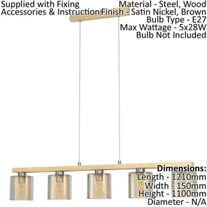 Pendant Ceiling Light Colour Satin Nickel Brown Amber Glass Vaporized Bulb E27 5x28W