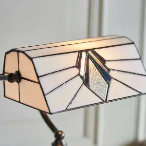 Tiffany Glass Table Lamp Bankers Desk Light Dark Bronze & Cream Shade i00172