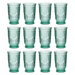 Set of 12 Luxury Embossed Green Tall Drinking Glass Tumblers 330ml