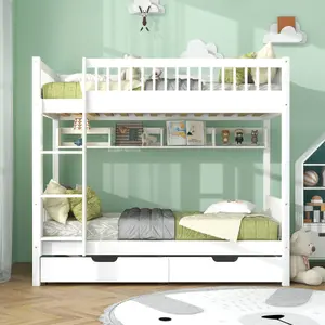 Bunk Bed, 3FT Solid Pine Wood Single Bed Frame for Children, Under Bed Slide Drawer Storage, with Shelf, White (90x190cm)