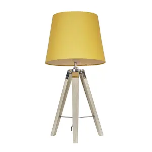 ValueLights Clipper Modern Distressed Wood and Silver Chrome Tripod Table Lamp with Mustard Light Shade