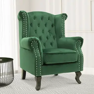 Velvet Wing Back Fireside Henley Chair Armchair with Buttons Emerald Green