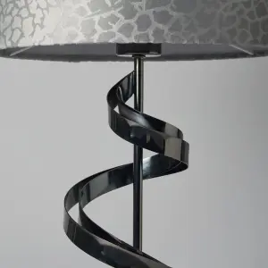 Litecraft Spiral Black Table Lamp with Grey Giraffe Flock Shade