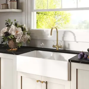 Fireclay Kitchen Bundle - Double Bowl Stepped Weir Butler Sink, Wastes & Mono Lever Tap, 795mm - Brushed Brass - Balterley