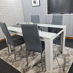 Modern White and Black Wood Dining Table With 4 Grey Chairs