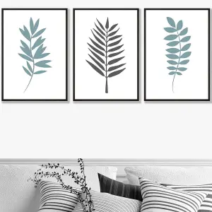 Set of 3 Graphical Blue Grey Leaves Wall Art Prints / 50x70cm / Black Frame