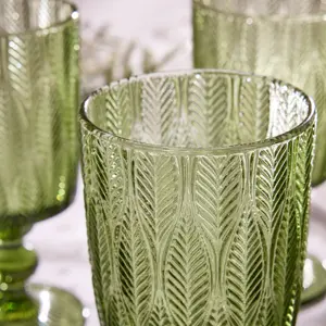 Set of 8 Vintage Luxury Green Trailing Leaf Drinking Goblet Glasses 350ml