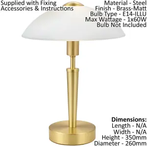 2 PACK Table Lamp Brass Matt Touch on & off Shade White Satinized Glass E14 60W