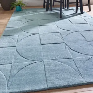 Blue Geometric Wool Handmade , Luxurious , Modern , Optical/ (3D) Easy to clean Living Room and Bedroom Rug-160cm X 230cm