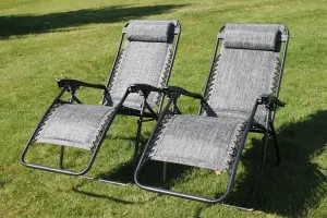 SET OF 2 Padded Garden Sun Lounger Relaxer Recliner Chairs in Grey Weatherproof Textoline