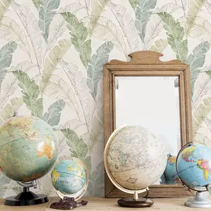 Grandeco Sketch Effect Capri Tropical  Textured Wallpaper, Neutral Green