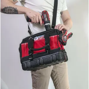 Heavy-Duty Red Tool Bag with Rubber Base and Multiple Pockets