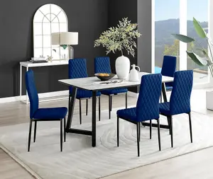 Furniturebox UK Carson White Marble Effect Dining Table & 6 Navy Velvet Milan Black Leg Chairs