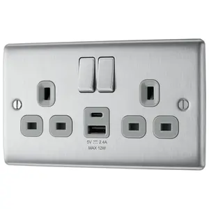 BG Brushed Steel Double 13A 12W Raised slim Switched Screwed Socket with USB, x2 & Grey inserts