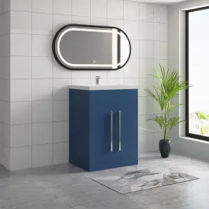 SunDaze Matt Blue Bathroom Furniture 600mm Vanity Unit Sink Basin Storage Cabinet Floor Standing