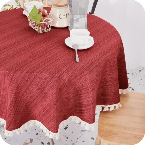 Deconovo Wipe Clean Faux Linen Water Resistant Round Table Cloth With Tassel Table Cover for Dining 140cm (55in) Red