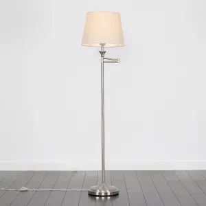 ValueLights Sinatra Adjustable Swing Arm Floor Lamp In Brushed Chrome Finish with Beige Light Shade