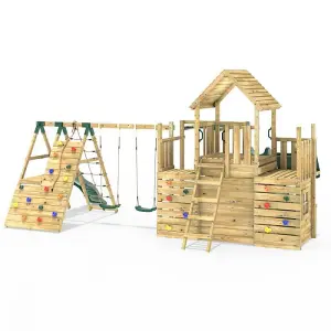 Rebo Modular Wooden Climbing Frame Playset - M27 Double Swing, Monkey Bars & Den