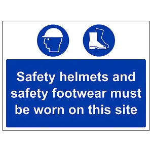 Safety Helmets Footwear On This Site PPE Sign - Adhesive Vinyl - 400x300mm (x3)