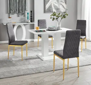 Furniturebox UK 4 Seater Dining Set - Imperia White High Gloss Dining Table and Chairs - 4 Grey Velvet Milan Gold Leg Chairs